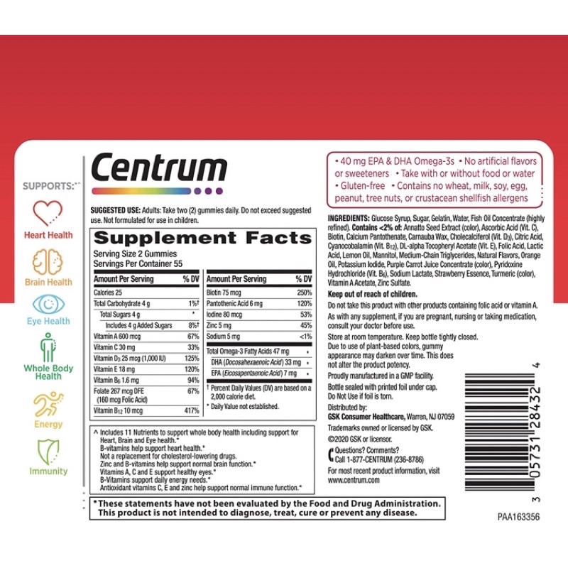 [Mẫu mới] Kẹo dẻo Centrum vitamin tổng hợp và omega 3 110viên USA