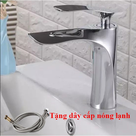 Vòi lavabo NÓNG LẠNH MR cắm chậu chất liệu đồng nguyên khối mạ crome sáng bóng + Tặng dây cấp nóng lạnh