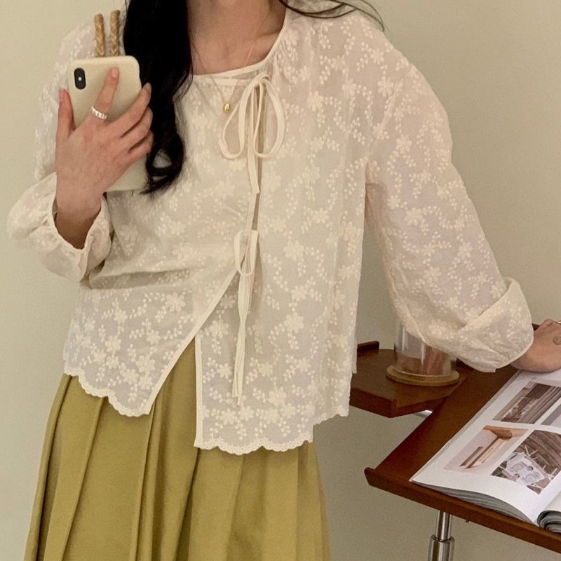 Áo Sơ Mi Đan Móc Mỏng Màu Trơn Thời Trang Xuân Thu Hàn Quốc Mới