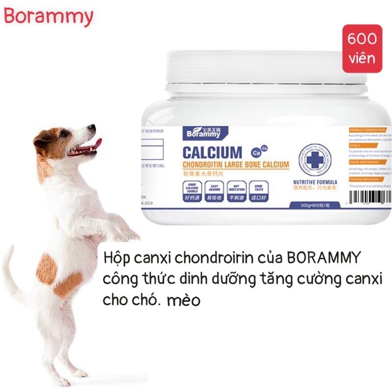 Hộp viên canxi cho chó mèo BORAMMY, viên canxi Chondroitin VITAMIN A,D3 cho chó mèo (Hộp 180 viên &amp; 600 viên)