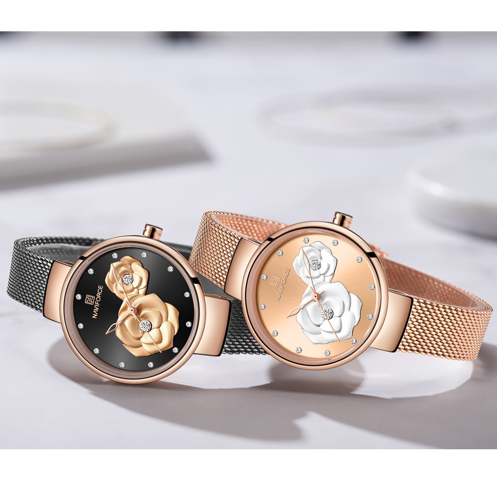 Đồng Hồ Đeo Tay NAVIFORCE Bằng Thép Không Gỉ Dạng Lưới Màu Vàng Hồng Sang Trọng Thời Trang Cho Nữ 5013