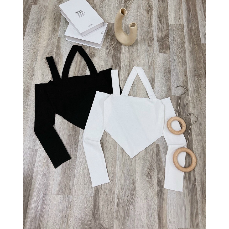 Áo yếm croptop bẹt vai tay dài dây chéo màu trắng/đen NÀNG CLOSET