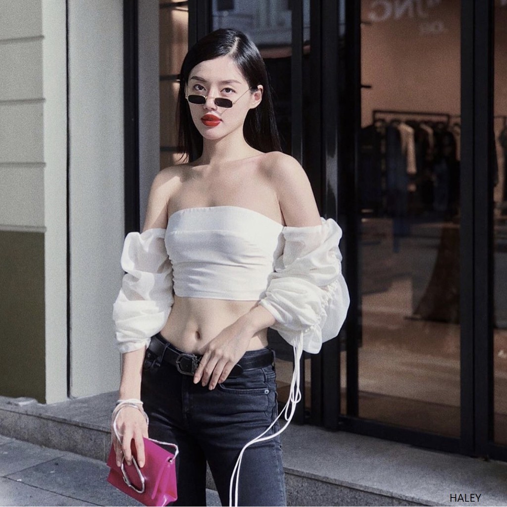 [SALE LỖ] NAPUBEE ÁO CROPTOP Đan Dây Lưng Phối Tay Voan Kiếng - Áo Kiểu Trễ Vai Tay Phồng HALEY TOP