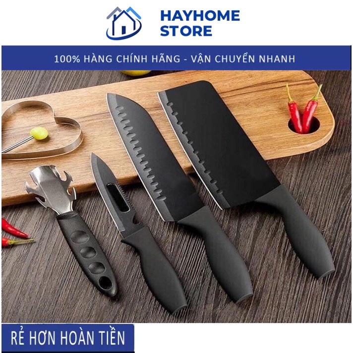 Bộ Dao 5 Món Làm Bếp Đa Năng Siêu Bén Hợp Kim Thép Không Gỉ Cao Cấp - T65S Màu Đen