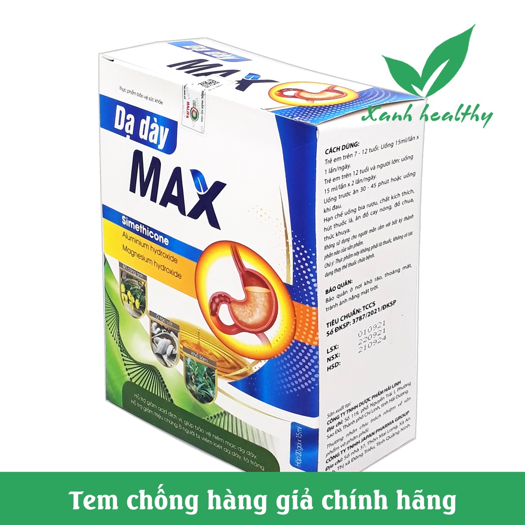 Gel giảm đau Dạ Dày Max giảm trào ngược dạ dày, giảm viêm loét dạ dày, tá tràng - Hộp 20 gói x 15ml