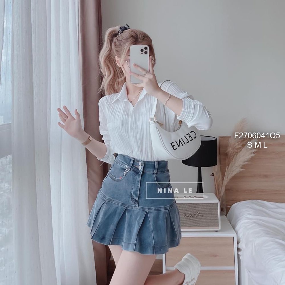 Chân váy jean giãn xếp ly 2 nút hàng đẹp!