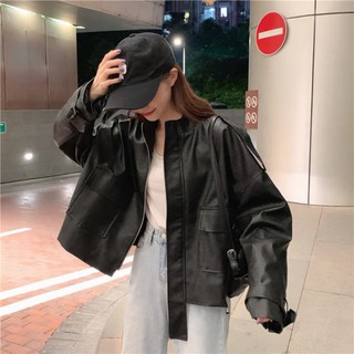 Áo khoác da [] PU from rộng có khóa kéo cổ áo cao phong cách cá tính mới nhất 2019
