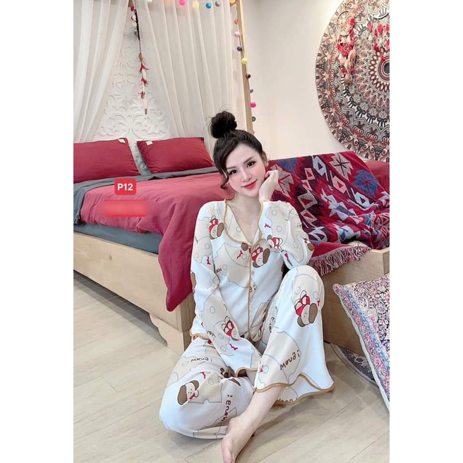 Pijama lụa dài mặc nhà nữ,đồ ngủ pijama lụa Nhật cao cấp CARY