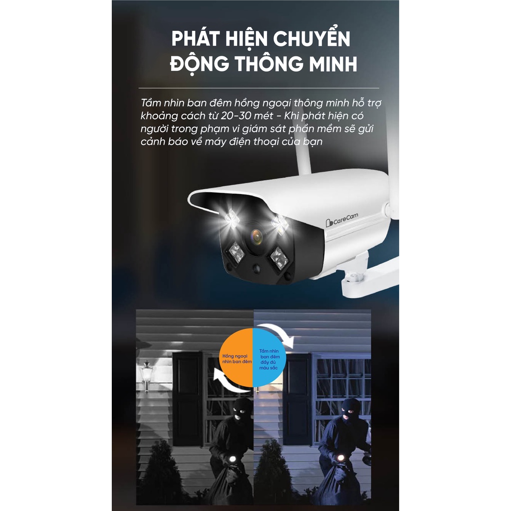 Camera wifi ngoài trời Carecam CV922A 2.0MP Full HD 1080P, xem 4 khung hình và xem đêm có màu.