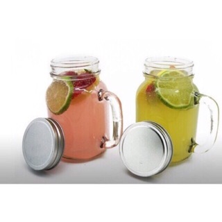 Ly cốc thuỷ tinh có quai kèm nắp thiếc có lỗ/ko lỗ (trà sữa, sinh tố, nước ép) 470ml
