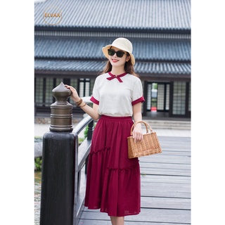 Bộ đồ linen nữ elvax áo sơmi cổ viền đỏ, chân váy dài đỏ linen gân xước