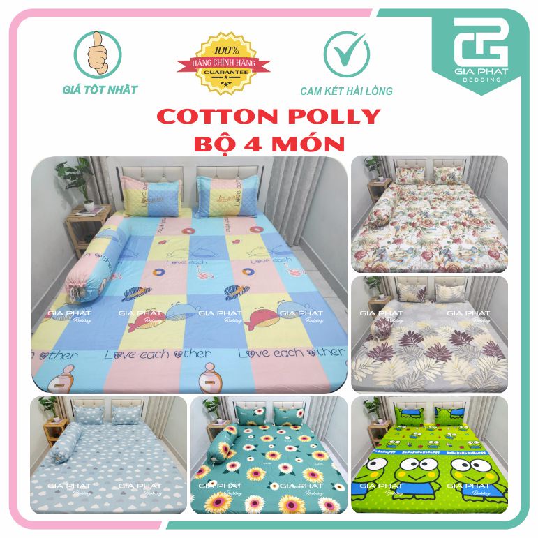 Bộ ga gối Cotton Polly (4 món) Loại 1 ( 1 ga + 1 áo ôm + 2 gối nằm)