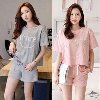 Set đồ bộ ngắn tay in hình mặt cười dễ thương cho nữ