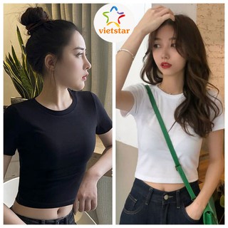 Áo croptop ôm tay ngắn cổ tròn trơn Basic chất zip cotton co dãn - VIETSTAR