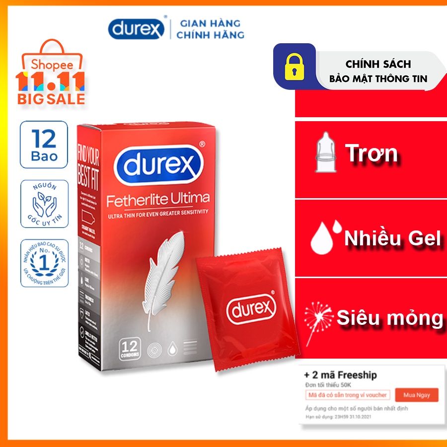 Bao cao su Durex Fetherlite Ultima 12 bao | Bcs Durex kiểu trơn, x2 Gel.Tăng cường thời gian. Bảo mật thông tin đơn hàng