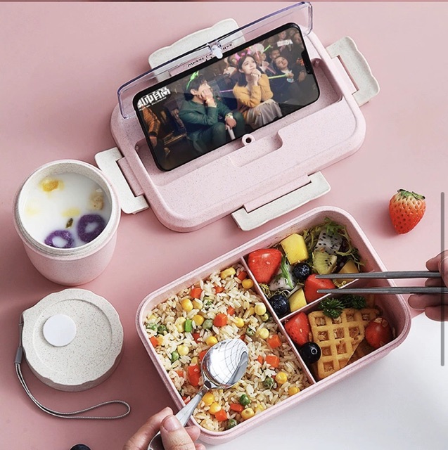 FREESHIP ĐƠN 50K_Hộp cơm văn phòng lúa mạch 3 ngăn kèm đũa thìa inox cao cấp 1000ml | BigBuy360 - bigbuy360.vn