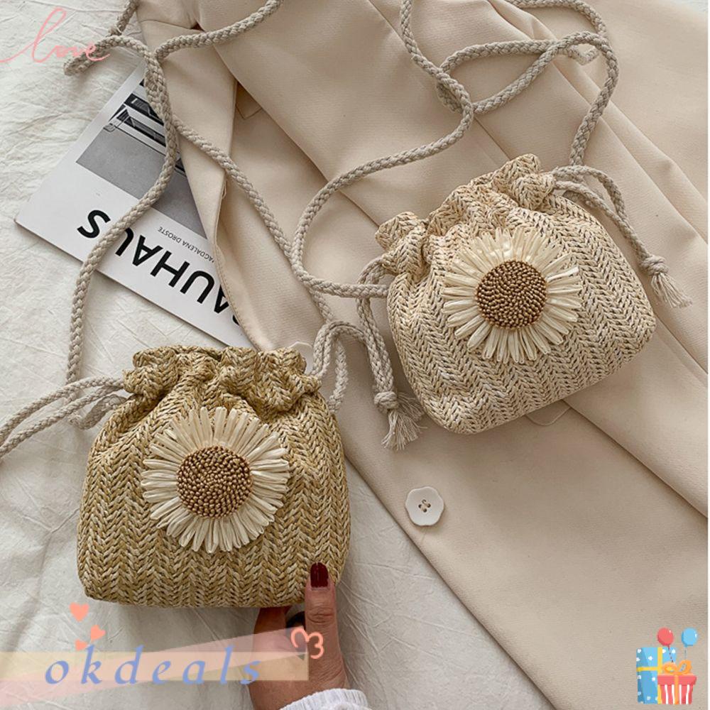 Túi Cói Đeo Chéo Dây Rút Họa Tiết Hoa Hướng Dương Cổ Điển Cho Nữ