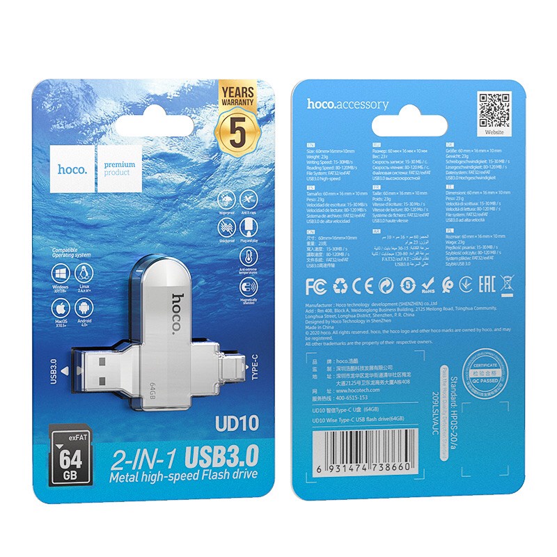 USB3.0 có 2 chân cắm USB+ Type-C Hoco UD10 16GB/32GB/64GB/128GB
