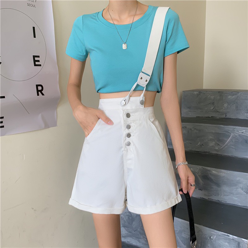 Quần yếm đùi kaki trắng ống rộng 1 dây chéo độc lạ, phá cách/ Quần short yếm lưng cao phối cúc mặc tôn dáng_ranstore