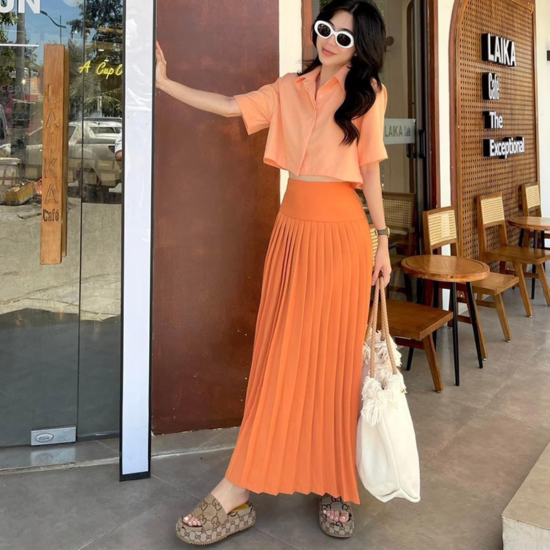 Set Áo Sơ Mi Croptop Mix Chân Váy Dập Ly SB2069- Lolla_Fashion