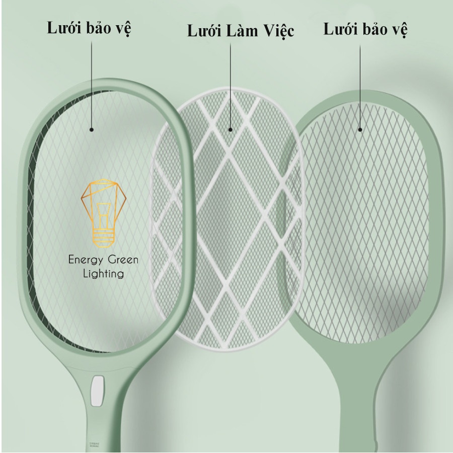 PIN TRÂU Vợt Bắt Muỗi Energy Green Lighting FS-011 Kiêm Đèn Thu Hút Muỗi , Diệt Muỗi - 3 Lớp Lưới