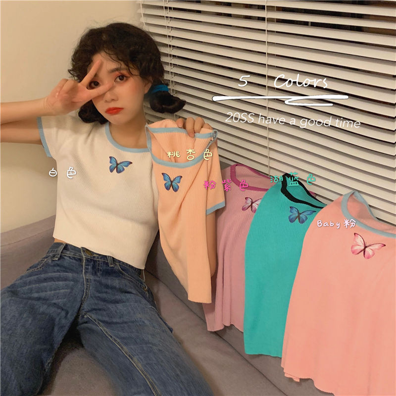 Áo thun nữ tay ngắn in hình bướm phong cách Harajuku phiên bản Hàn