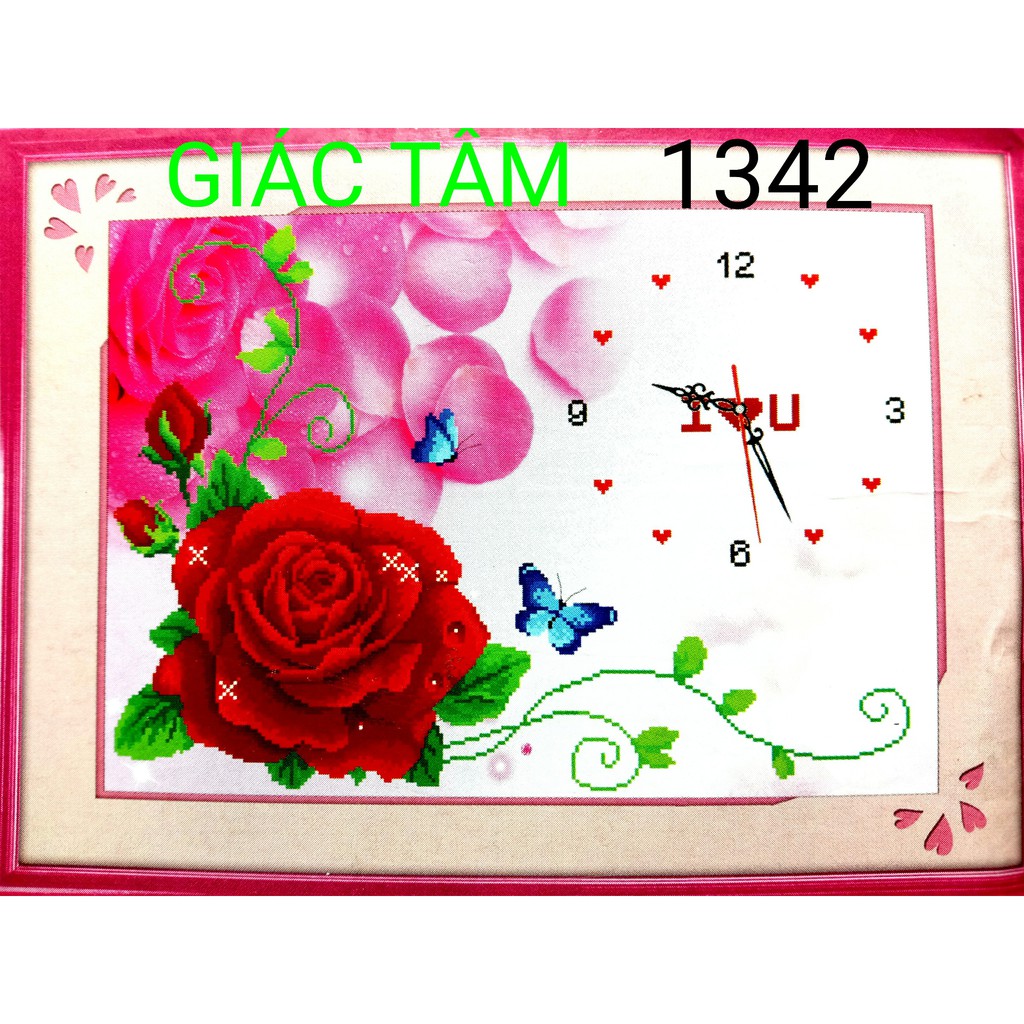 Tranh đá ĐỒNG HỒ BÔNG HOA HỒNG BƯỚM TÌNH YÊU I LOVE YOU CHỮ - 65x47cm - 1342 - tranh đá chưa làm - chưa gắn đá