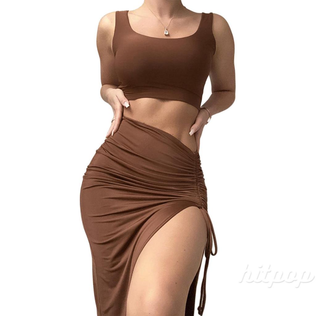 Hitpop-Women´s Short Skirt Suit Solid Color Sleeveless U-Neck Crop Tank Tops + Side Ruched High Slit Skirt