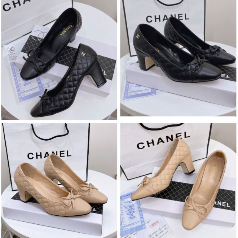 H(ẢNH THẬT) Giày Cao Gót 5p Nơ Nhí Da Mềm Trần Chỉ Fullbox Bill Túi Cao Cấp