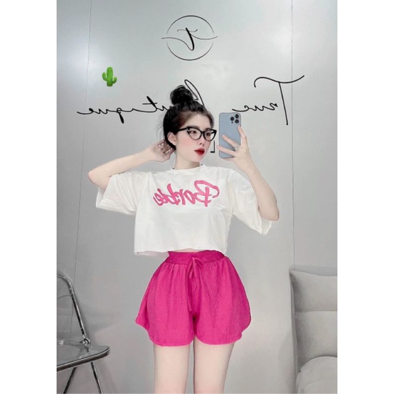 Set Bộ Áo Thun Croptop in Chữ Bar.bie Kèm Quần Sort ,Set Bộ Nữ Thời Trang
