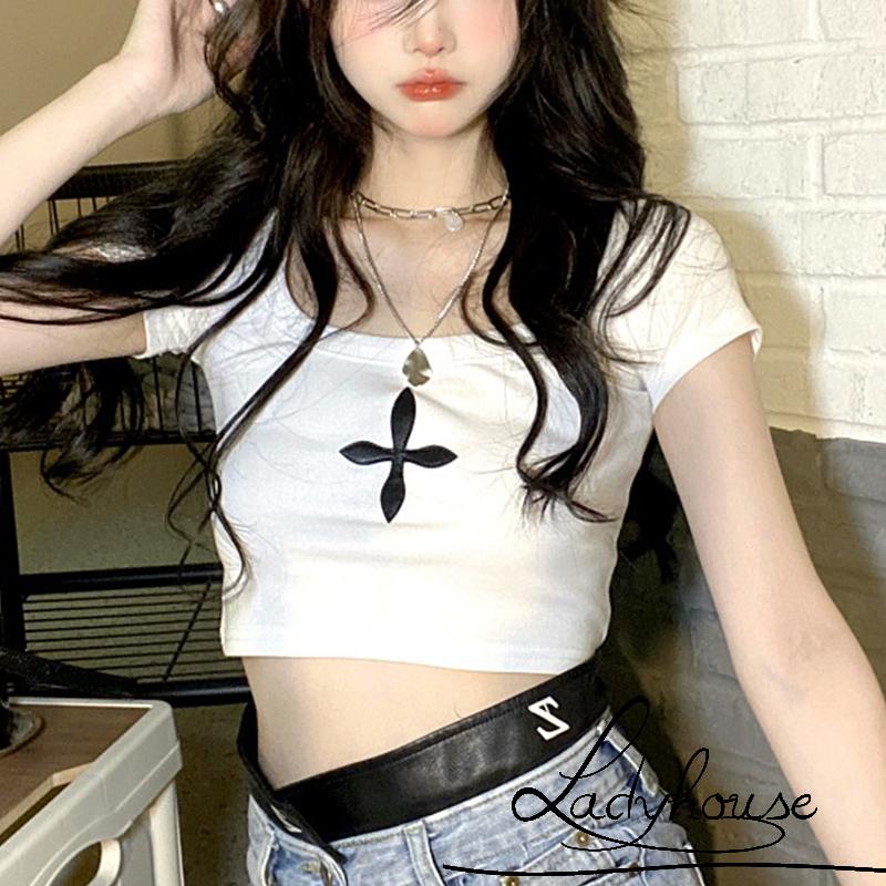 Áo Thun Croptop Tay Ngắn Dáng Ôm In Họa Tiết Chéo Thời Trang Cho Nữ