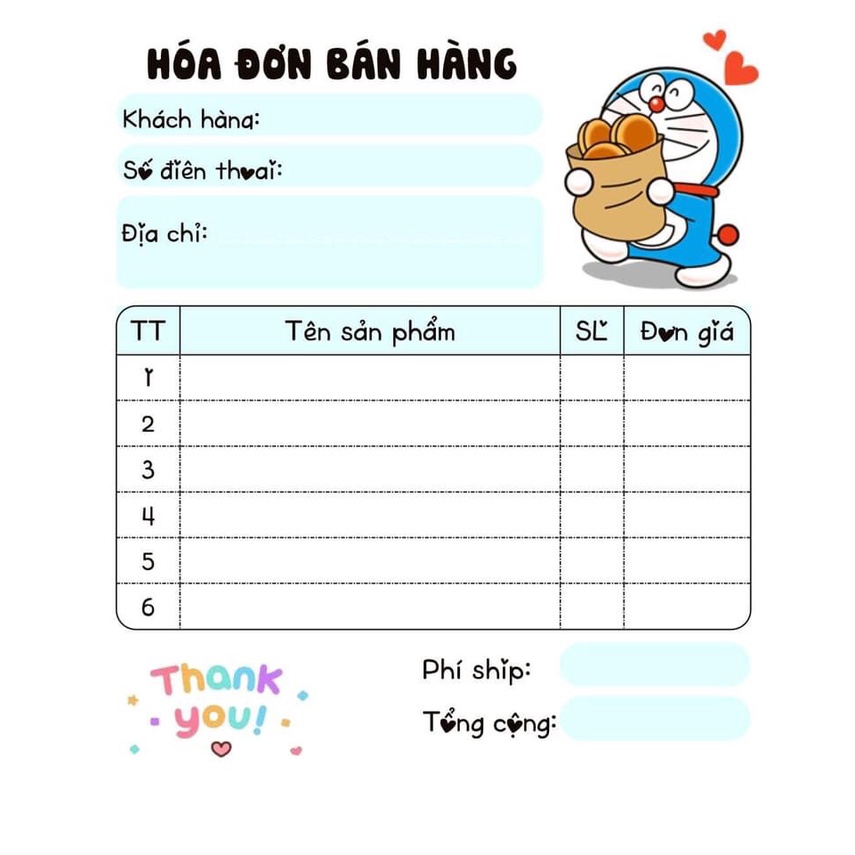 [10 CUỐN TẶNG 1 CUỐN] 10 cuốn HOÁ ĐƠN BÁN HÀNG DOREMON MINI DỄ THƯƠNG 9 x 10 cm.