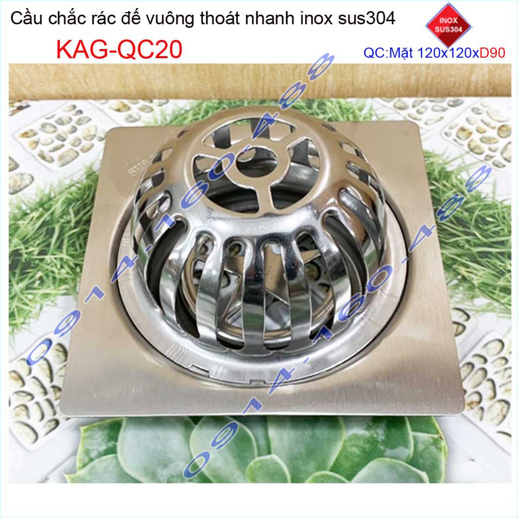 Cầu chắn rác đế vuông 12x12cm D90 KAG-QC20, Phễu thoát nước sân thượng SUS304 ống 9cm thoát nhanh chắn rác tốt