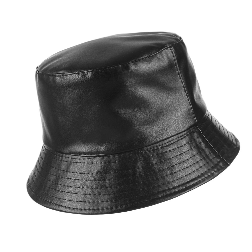 Nón Bucket Chất Liệu Da PU Màu Đen Trơn Thời Trang Thu Đông Mới 2023 Cho Nam Nữ