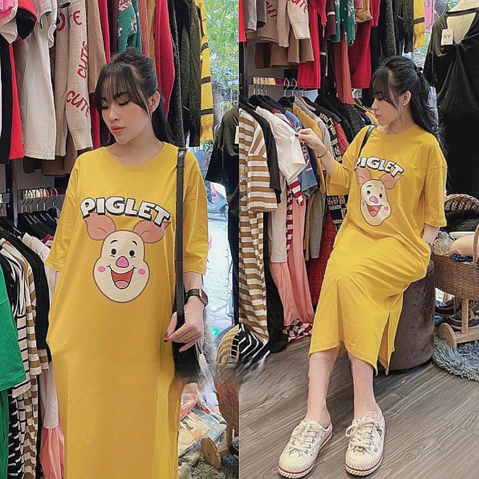 Đầm bầu suông PIGLET chất cotton thoáng mát váy suông dáng dài 3 màu đáng yêu