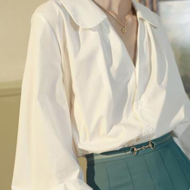 IELGY Áo kiểu tay dài cổ bèo thanh lịch thời trang dành cho nữ