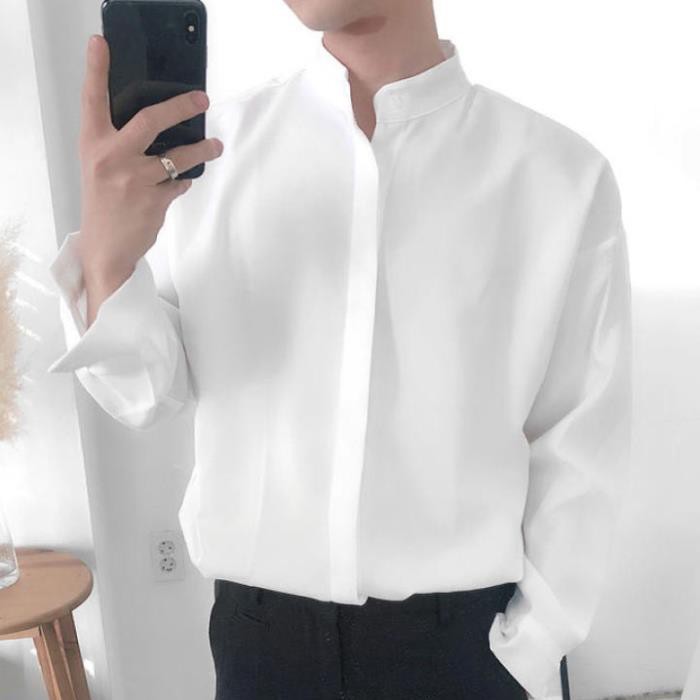 Áo sơ mi cổ trụ dài tay nam nữ màu trắng form rộng unisex - Áo sơ mi cổ tàu đẹp ulzzang Hàn Quốc 2020 | Valu Store ྇ '