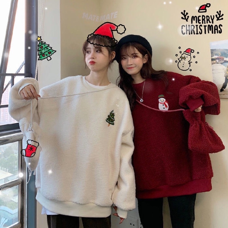Áo Sweater Len Bông Tay Dài Form Rộng Tặng Kèm Túi Y Hình Mùa Đông Giáng Sinh Noel Cực Xinh