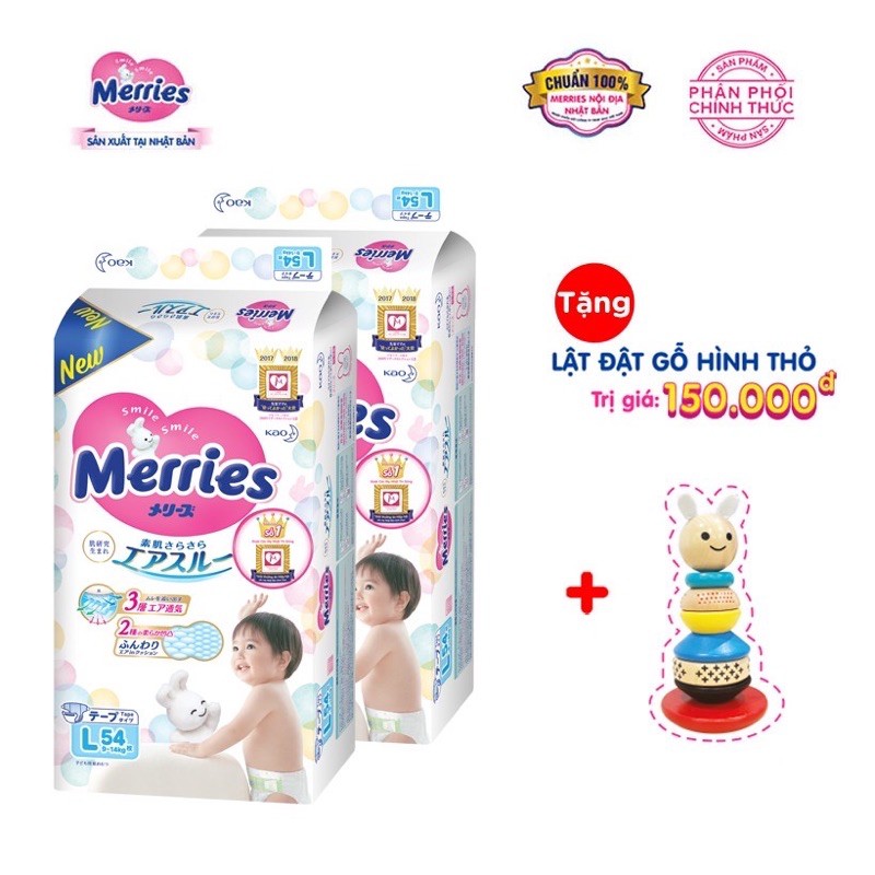 (Tặng lật đật gỗ Merries) Combo 2 Tã/ bỉm dán Merries Đủ Size NB90/S82/M58/L44/XL38