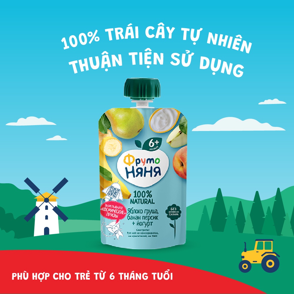 Combo 6 Gói Trái cây nghiền vị táo, lê, chuối, đào cùng sữa chua Fruto Nyanya 90g/gói