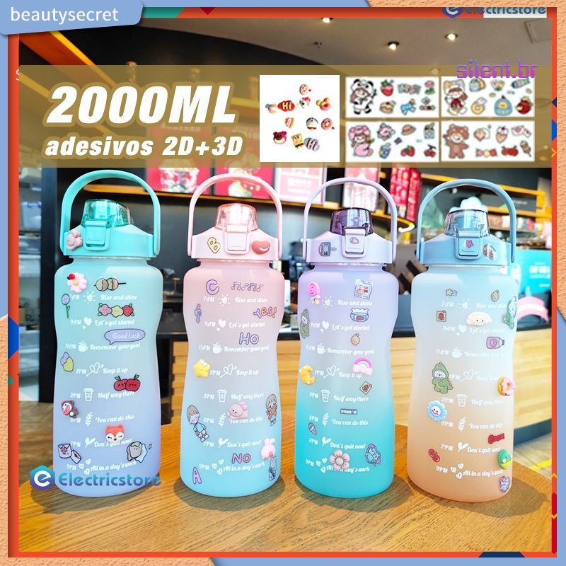 Chai nước Chống-Drop Silicone Rơm Rơm Với Dán Disney 3D 2D 2 lít/2000ml/2L lớn di động Với rơm/Với đồng hồ bấm giờ/Rõ Ràng cốc nhựa Không Thấm Nước nước-beautysecret