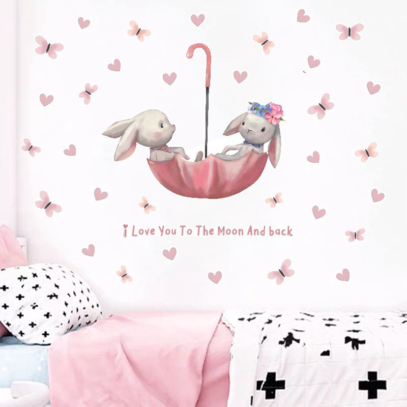 Sticker Dán Tường Họa Tiết Thỏ Cây Dù Hoạt Hình Dùng Trang Trí Phòng Cho Trẻ Nhỏ