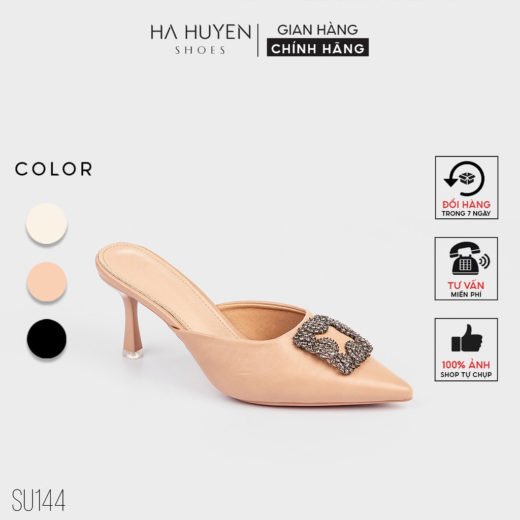 Sục nữ cao gót Hà Huyền Shoes da mũi nhọn đính đá xám gót nhọn 7 phân cao cấp - SU144 - Hàng mới về