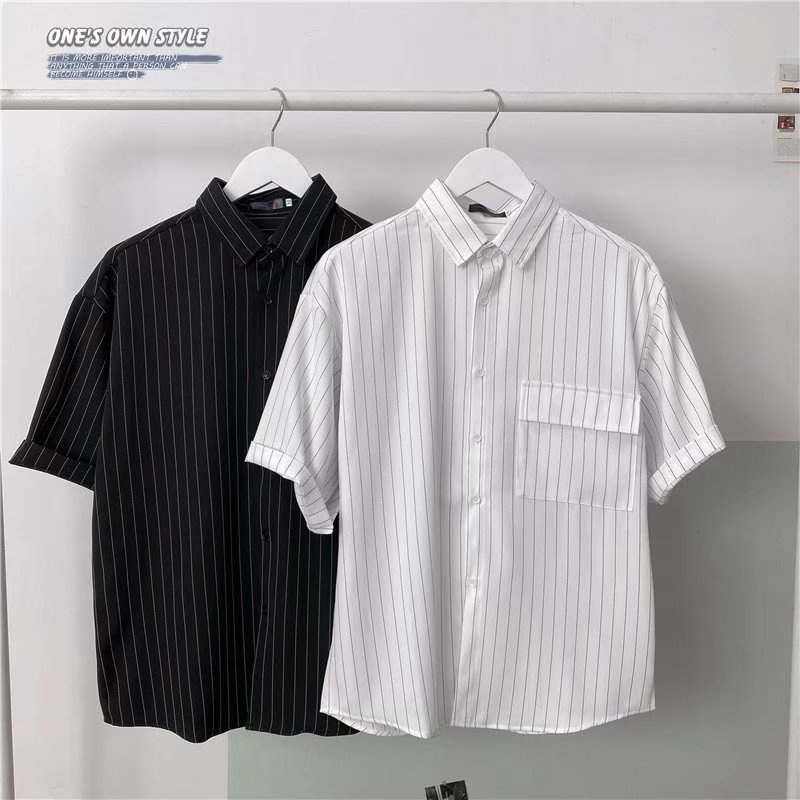 Áo sơ mi tay ngắn dáng rộng họa tiết kẻ sọc phong cách thời trang hong kong cho nam giới size M-3XL