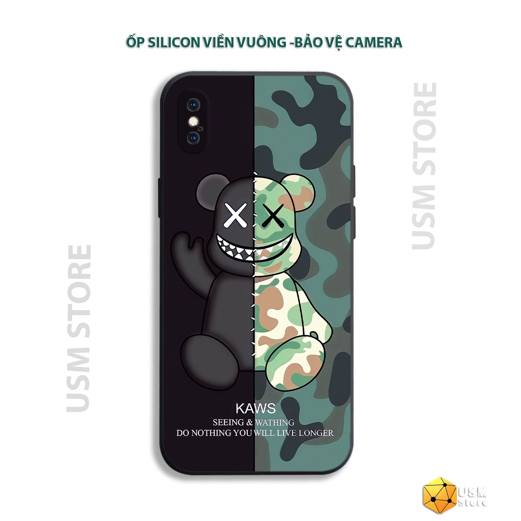 Ốp điện thoại iphone 6/6s/6 plus/7/7 plus/8/8plus/X/XS/XSmax/XR viền vuông có cạnh bảo vệ camera, in hình gấu Bearbrick