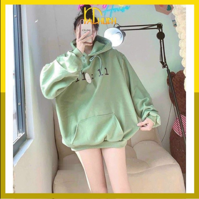 Áo hoodie tay phồng in 11:11 giờ, form rộng &lt;65kg hàng nỉ ngoại dày dặn nón 2 lớ