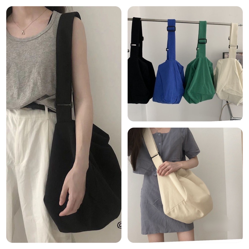Túi tote đeo chéo trống siêu to có khóa kéo vải canvas phong cách ULZZANG đựng vừa sách khổ khổ a4