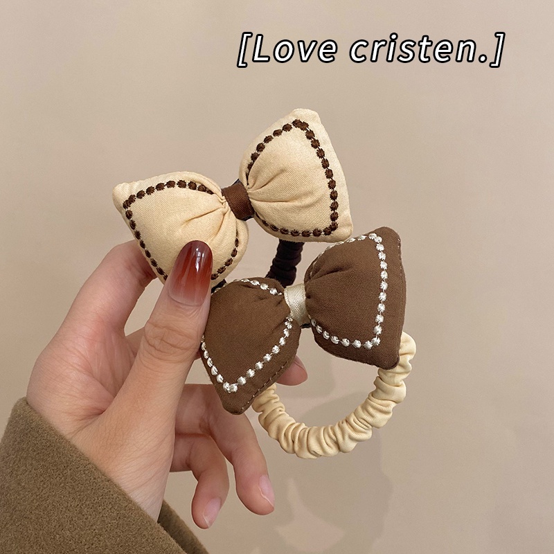 Dây Cột Tóc Cao Su Co Giãn Hình Nơ Màu Khaki Cho Nữ