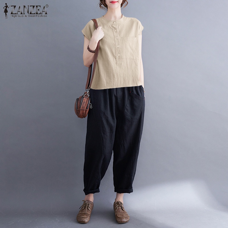 Áo sơ mi ZANZEA tay dài có túi trước màu trơn dành cho nữ