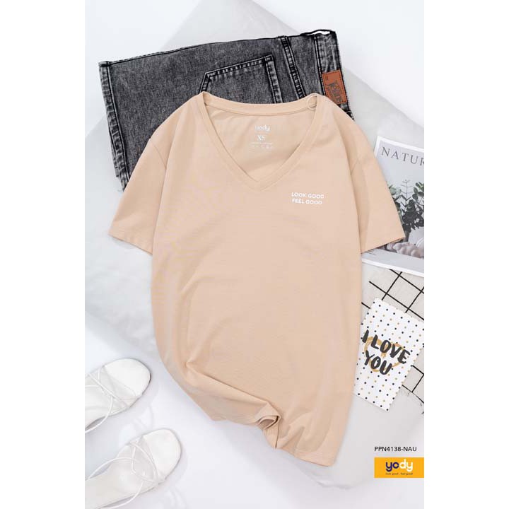 [ Mã WASTRUN4 giảm 10% tối đa 30K đơn 99K] Áo thun nữ trơn cổ tim basic cotton YODY PPN4138